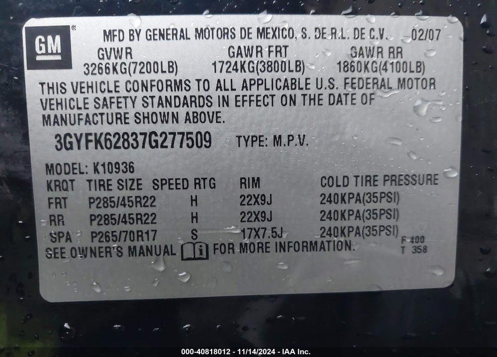 2007 CADILLAC ESCALADE EXT STANDARD VIN: 3GYFK62837G277509