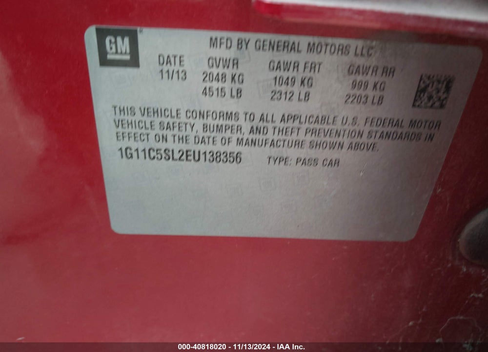 2014 CHEVROLET MALIBU 1LT VIN: 1G11C5SL2EU138356