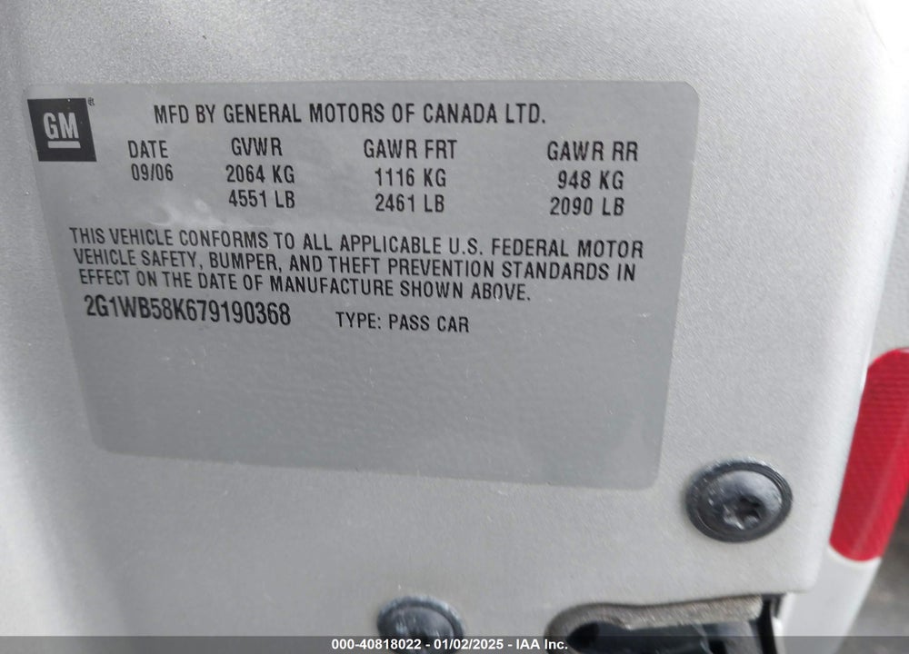 2007 CHEVROLET IMPALA LS VIN: 2G1WB58K679190368