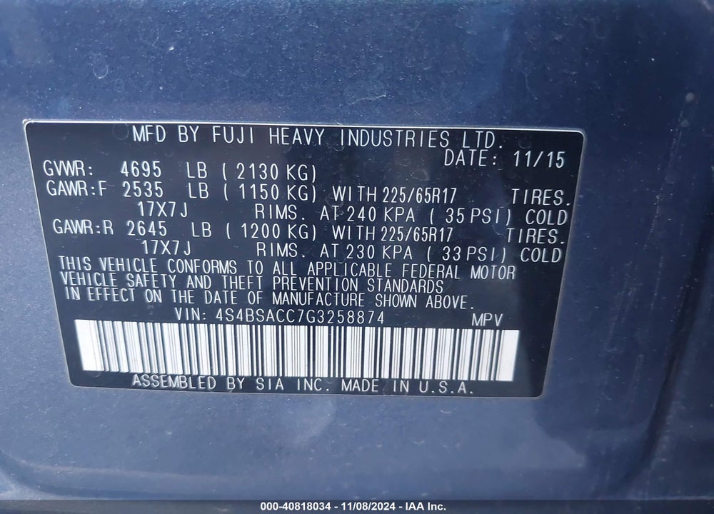 2016 SUBARU OUTBACK 2.5I PREMIUM VIN: 4S4BSACC7G3258874