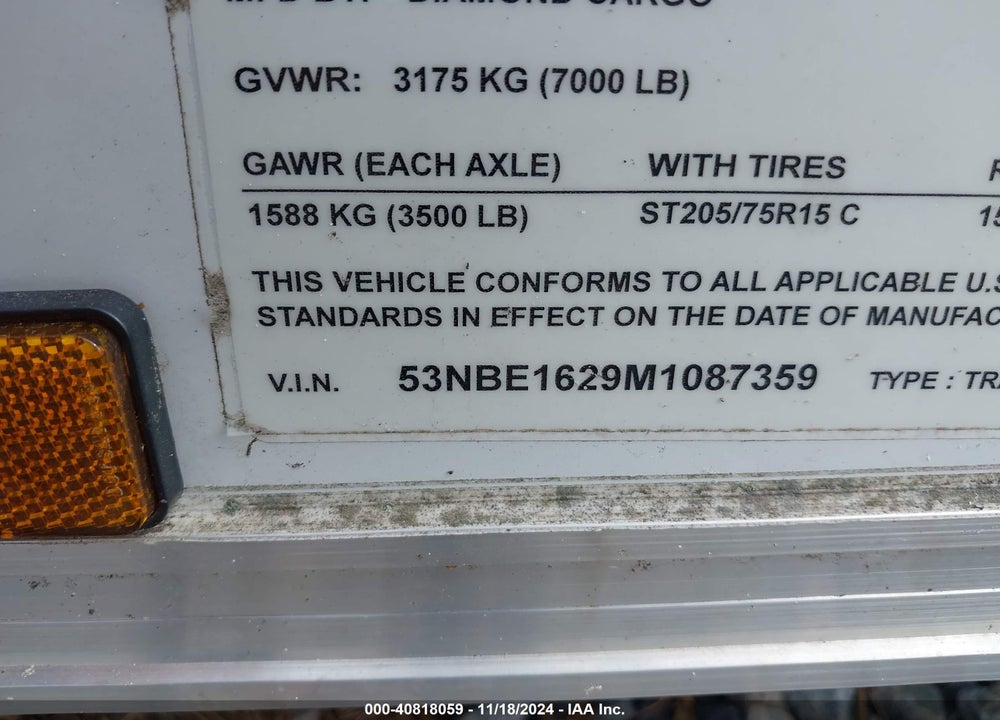2021 DIAMOND STEEL COMPANY CARGO VIN: 53NBE1629M1087359
