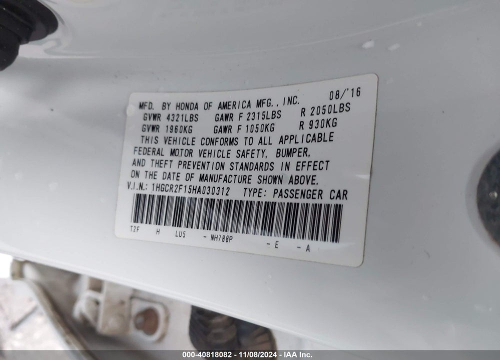 2017 HONDA ACCORD SPORT SE VIN: 1HGCR2F15HA030312