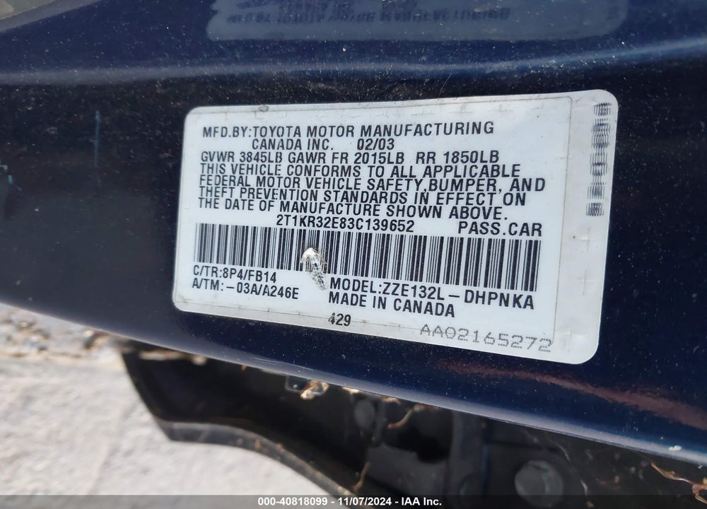 2003 TOYOTA MATRIX/XR VIN: 2T1KR32E83C139652