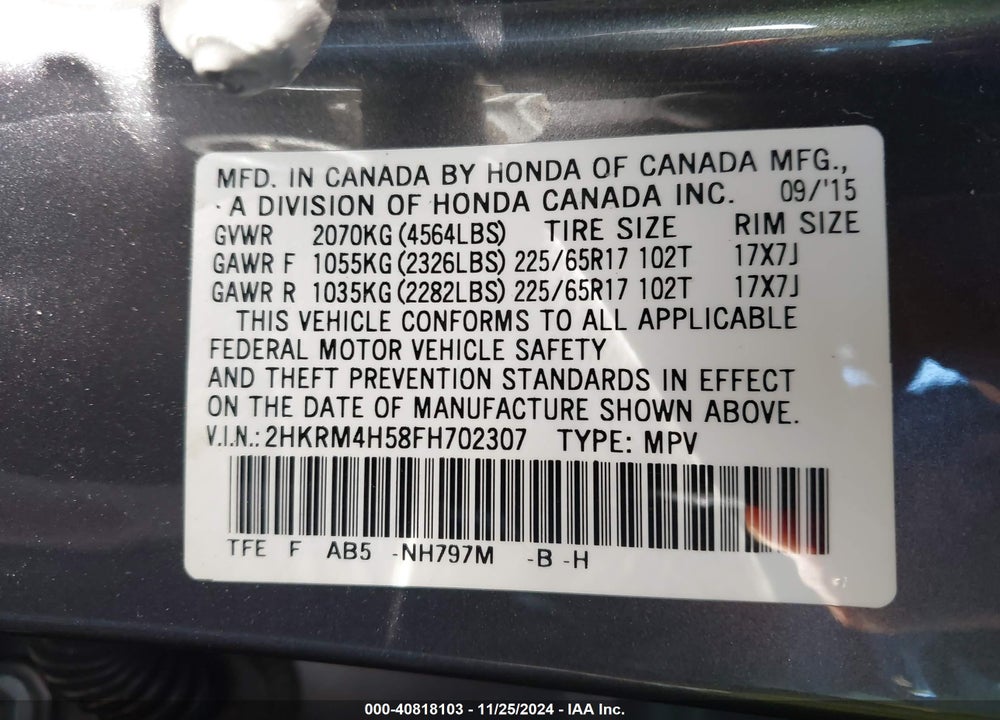 2015 HONDA CR-V EX VIN: 2HKRM4H58FH702307