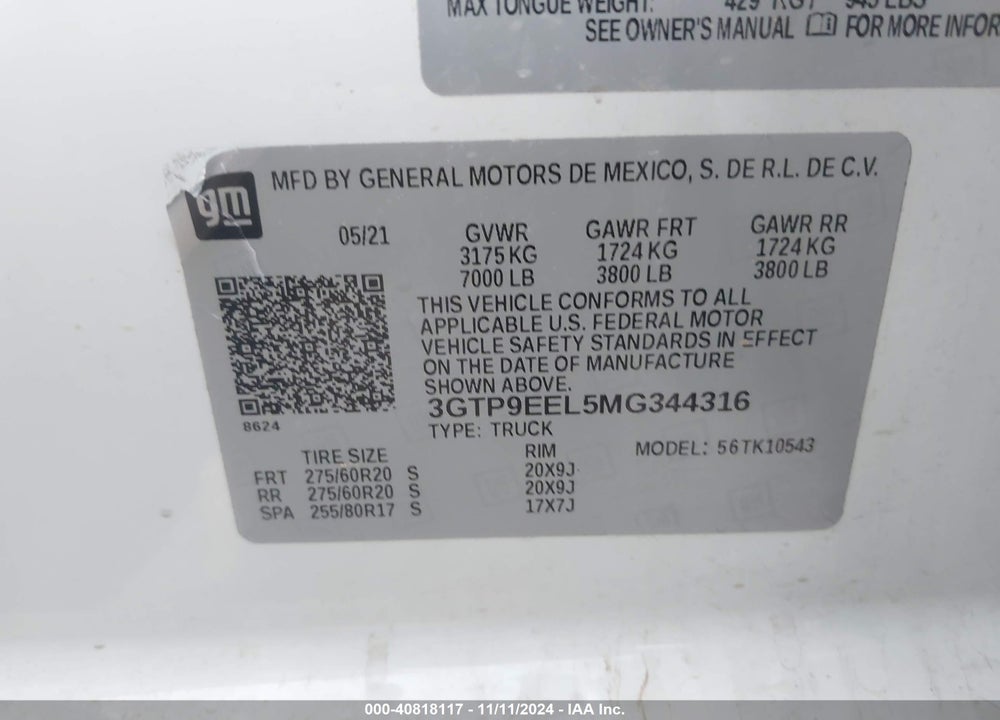 2021 GMC SIERRA 1500 4WD SHORT BOX AT4 VIN: 3GTP9EEL5MG344316