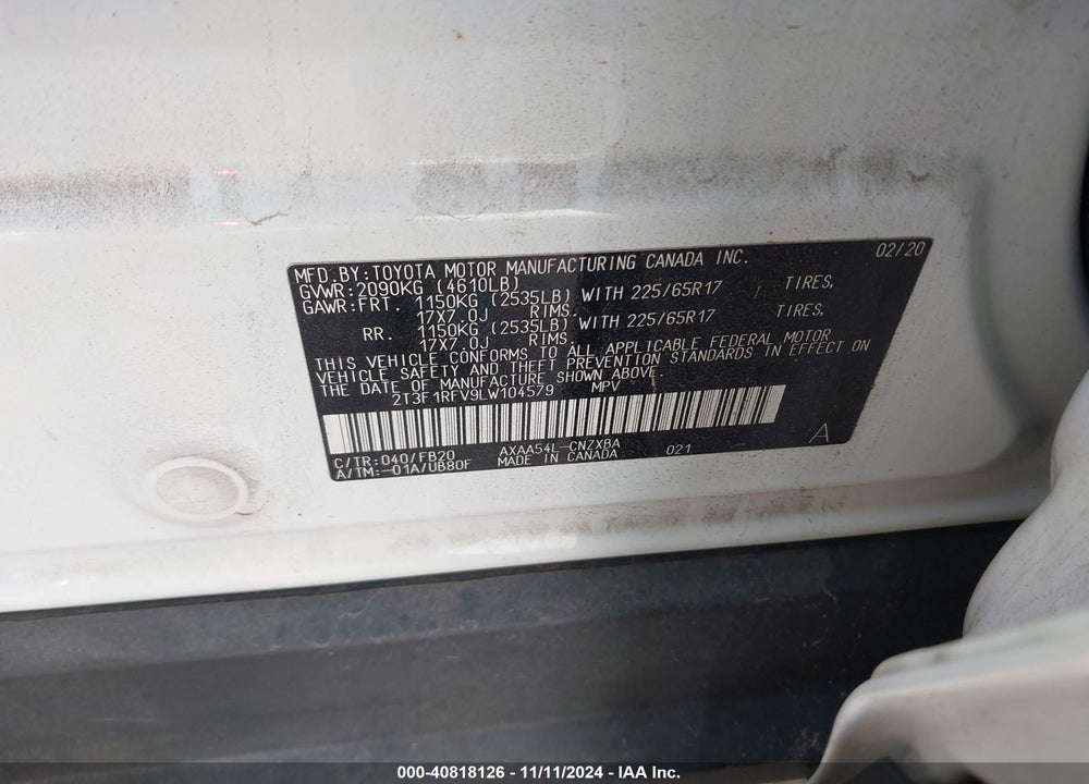 2020 TOYOTA RAV4 LE VIN: 2T3F1RFV9LW104579