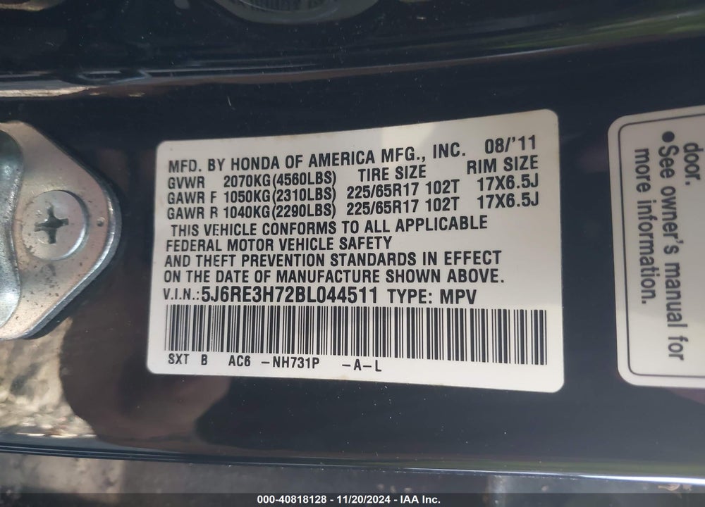 2011 HONDA CR-V EX-L VIN: 5J6RE3H72BL044511