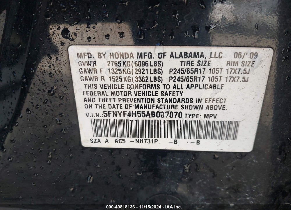 2010 HONDA PILOT EX-L VIN: 5FNYF4H55AB007070