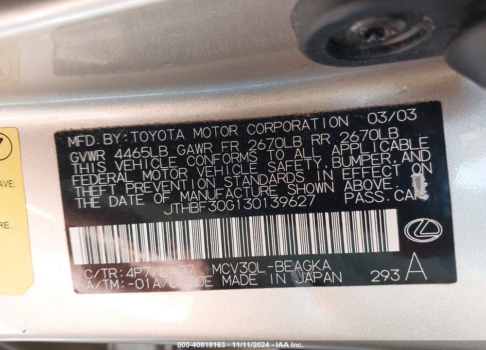 2003 LEXUS ES 300 VIN: JTHBF30G130139627