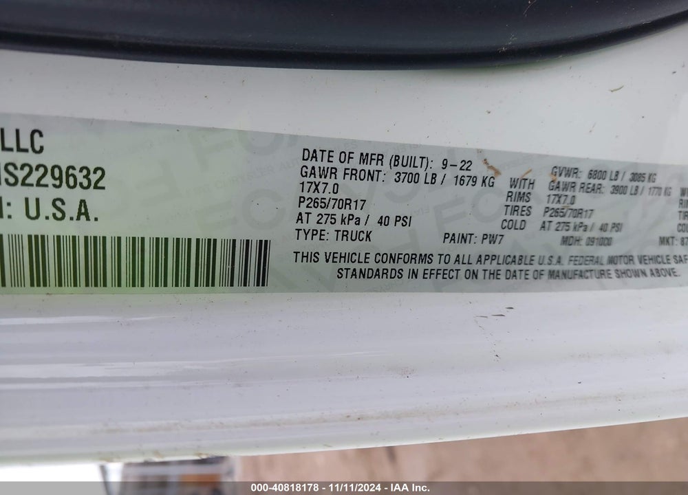 2022 RAM 1500 CLASSIC VIN: 1C6RR6FG8NS229632