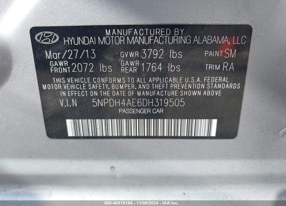 2013 HYUNDAI ELANTRA GLS VIN: 5NPDH4AE6DH319505