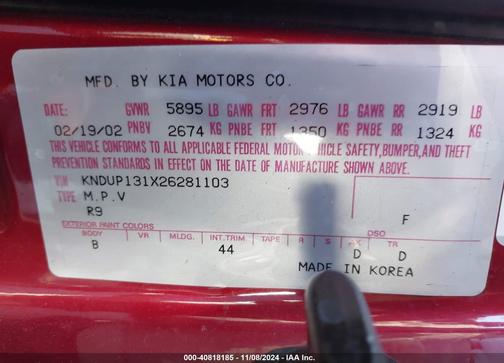 2002 KIA SEDONA EX/LX VIN: KNDUP131X26281103