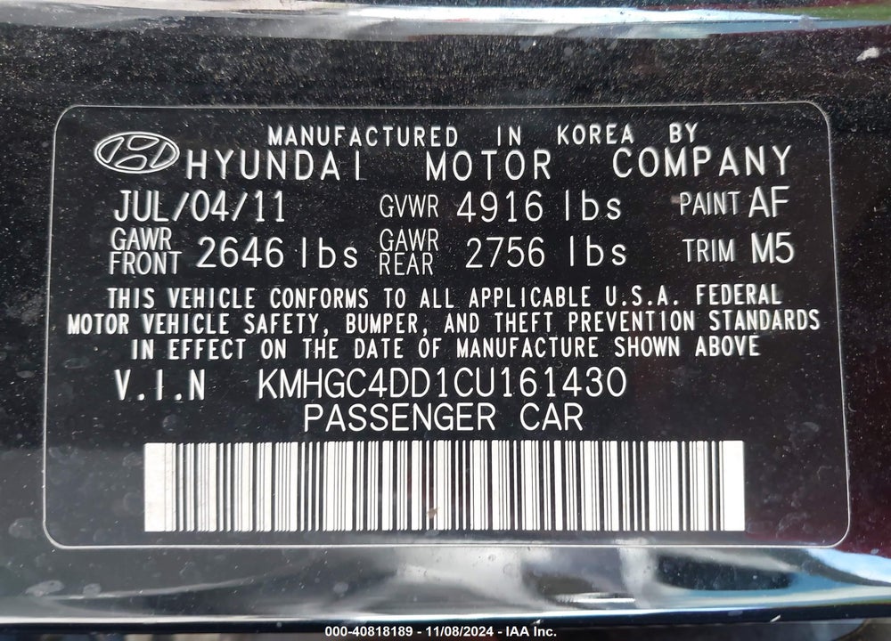 2012 HYUNDAI GENESIS 3.8 VIN: KMHGC4DD1CU161430