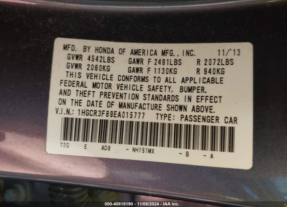 2014 HONDA ACCORD EX-L V-6 VIN: 1HGCR3F89EA015777