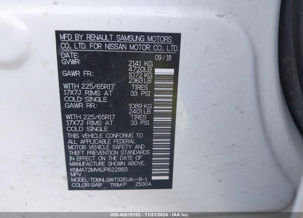 2018 NISSAN ROGUE SV VIN: KNMAT2MV6JP622883