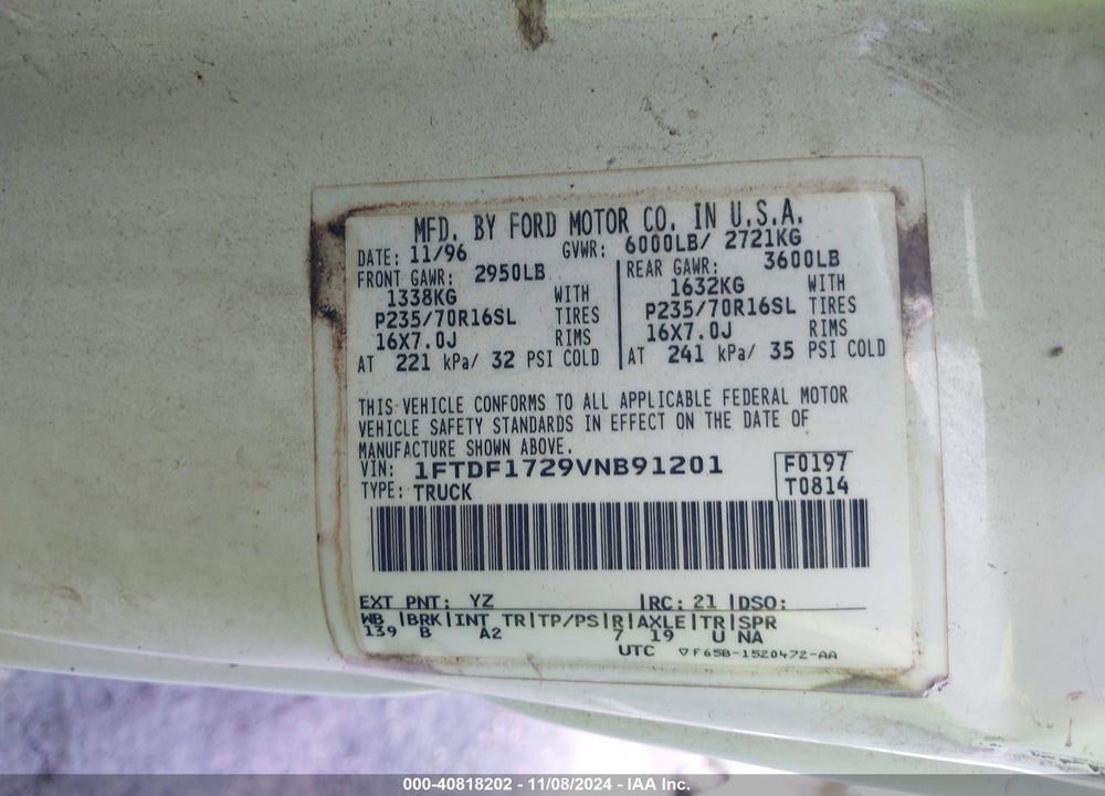 1997 FORD F150 VIN: 1FTDF1729VNB91201