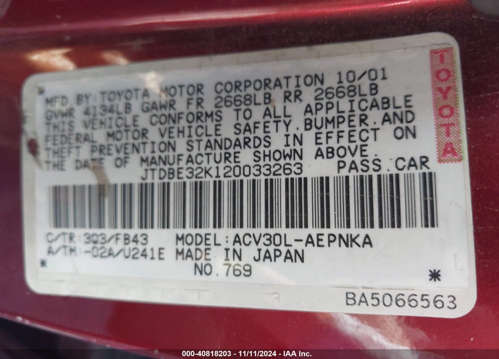 2002 TOYOTA CAMRY LE VIN: JTDBE32K120033263