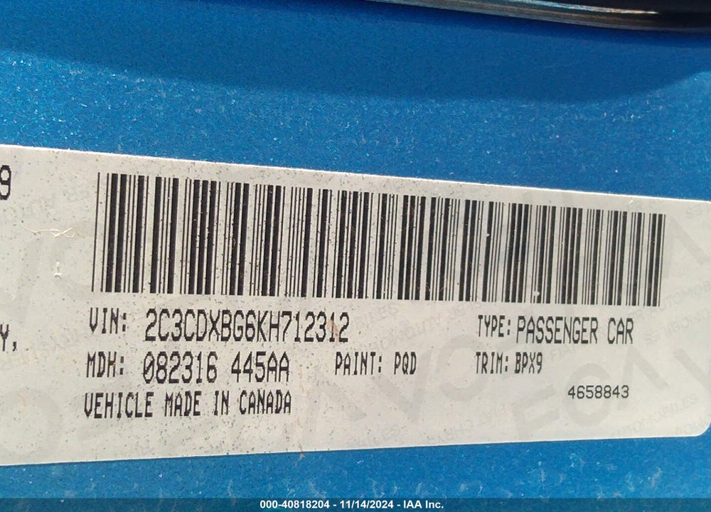 2019 DODGE CHARGER SXT RWD VIN: 2C3CDXBG6KH712312