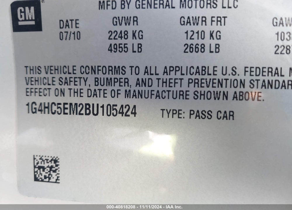 2011 BUICK LUCERNE CXL VIN: 1G4HC5EM2BU105424