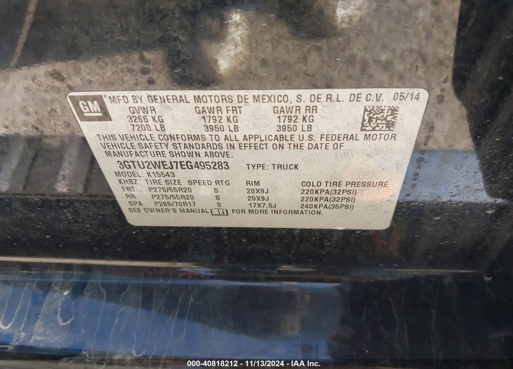 2014 GMC SIERRA VIN: 3GTU2WEJ7EG495283