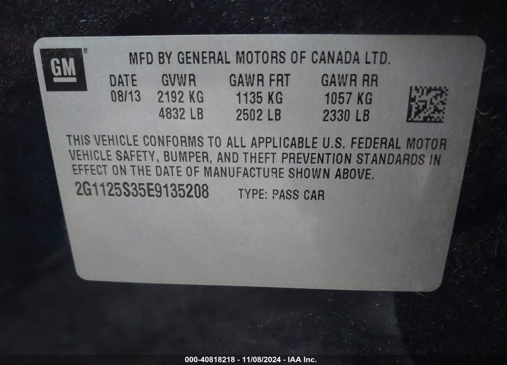 2014 CHEVROLET IMPALA 2LT VIN: 2G1125S35E9135208