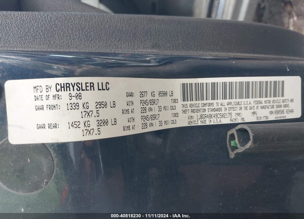 2009 JEEP GRAND CHEROKEE VIN: 1J8GR48K49C502175
