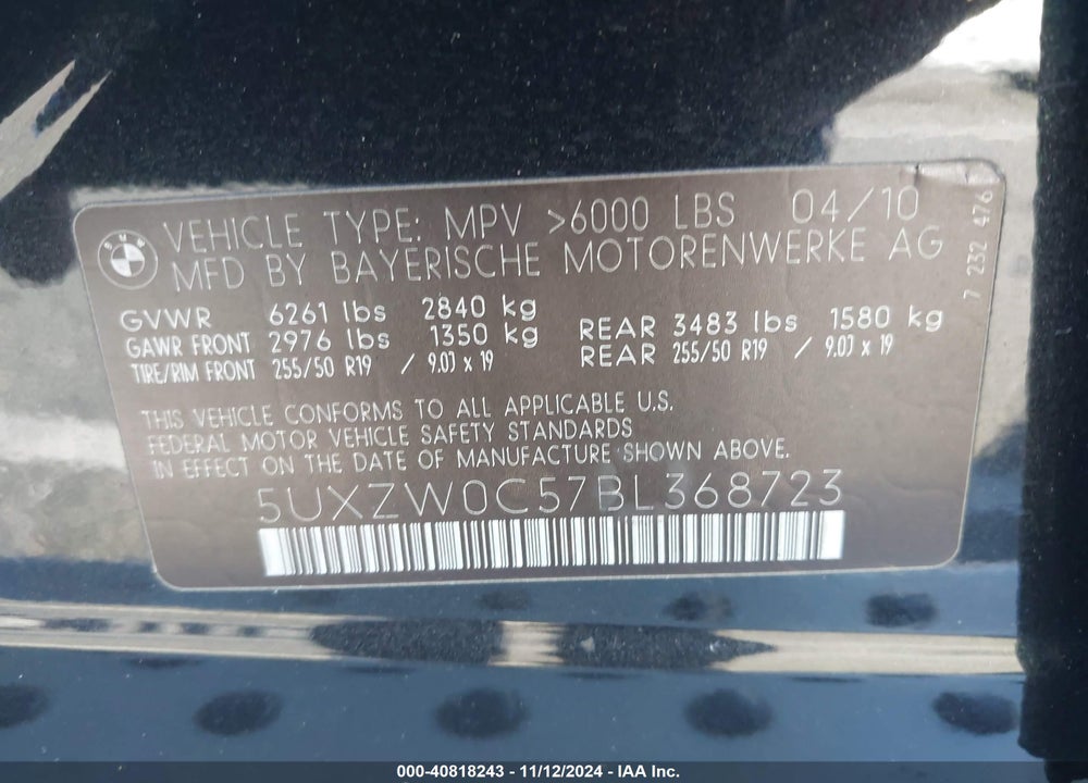 2011 BMW X5 XDRIVE35D VIN: 5UXZW0C57BL368723
