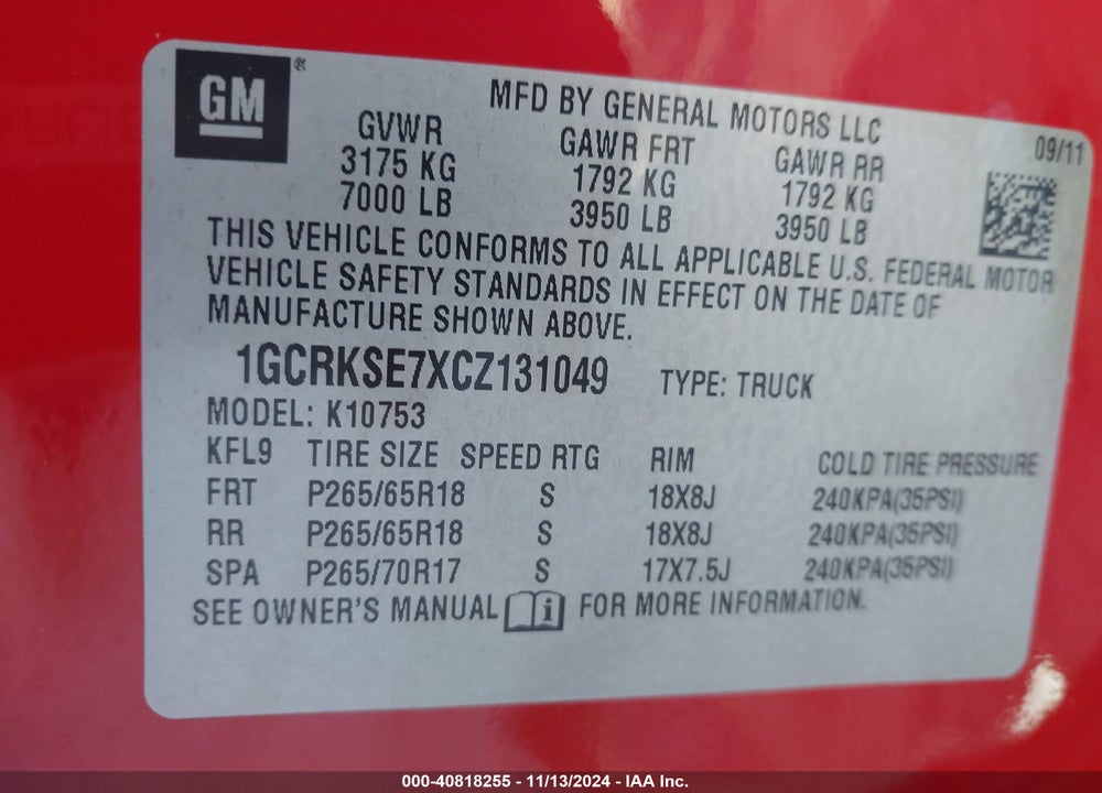 2012 CHEVROLET SILVERADO 1500 LT VIN: 1GCRKSE7XCZ131049