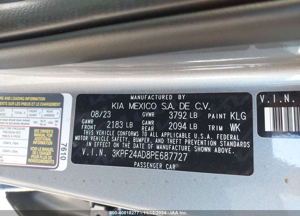 2023 KIA FORTE LXS VIN: 3KPF24AD8PE687727
