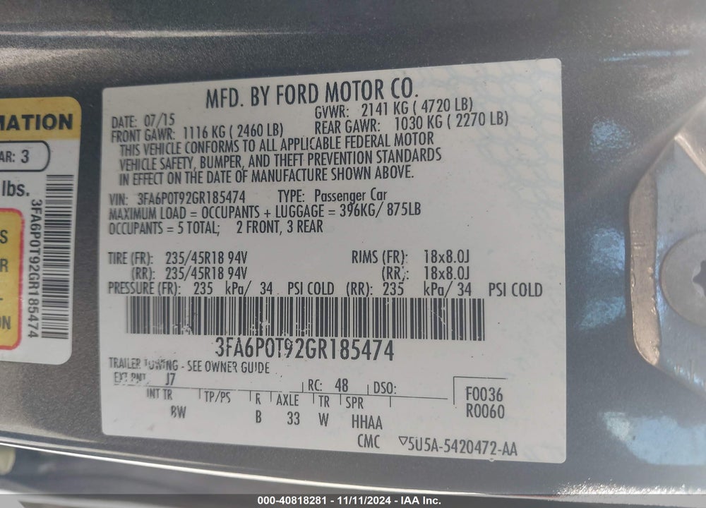 2016 FORD FUSION SE VIN: 3FA6P0T92GR185474