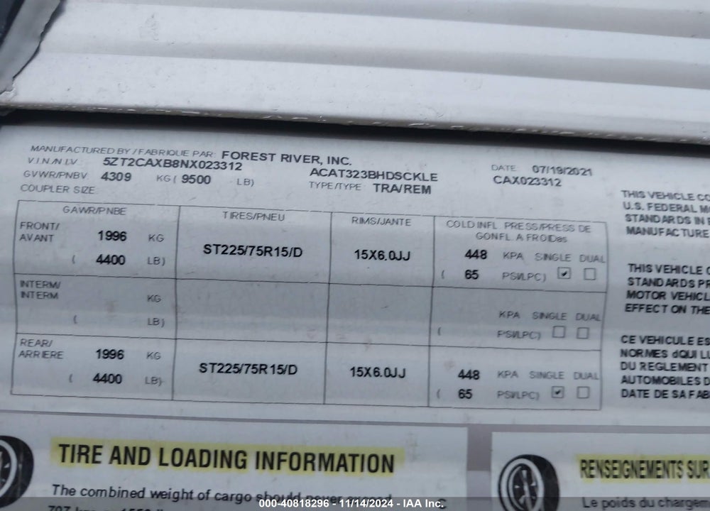 2022 COACHMEN CATALINA VIN: 5ZT2CAXB8NX023312