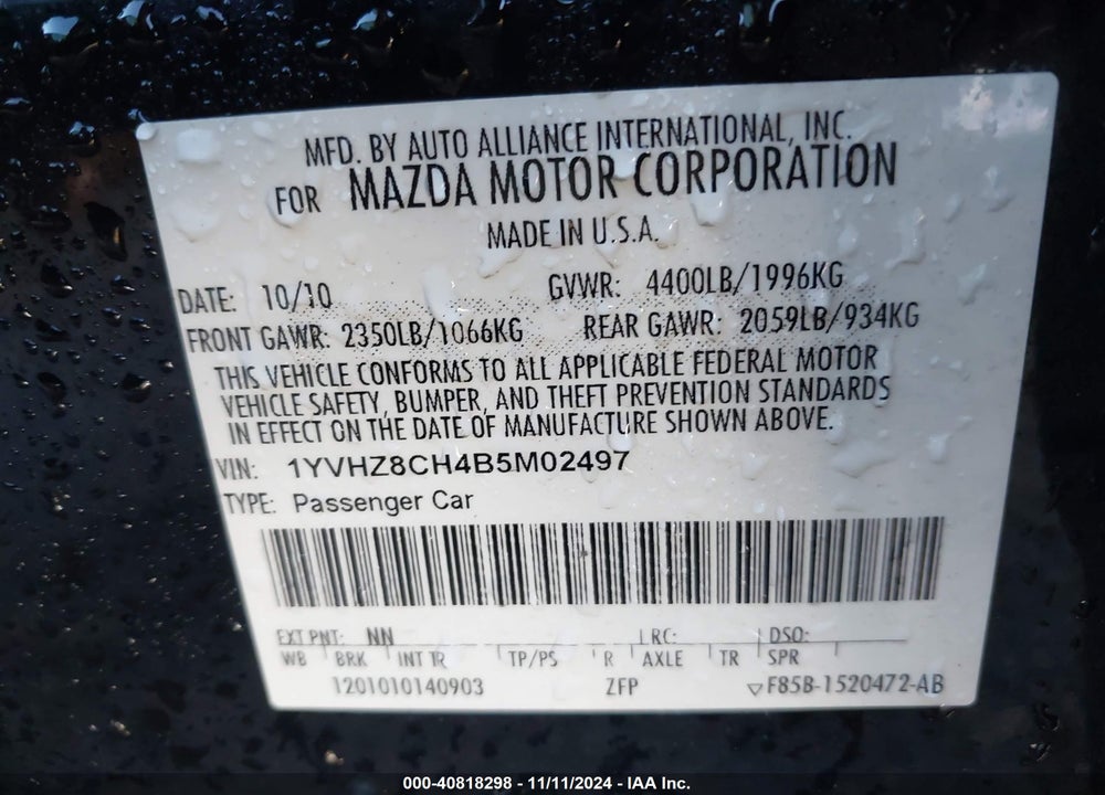 2011 MAZDA 6 I TOURING PLUS VIN: 1YVHZ8CH4B5M02497