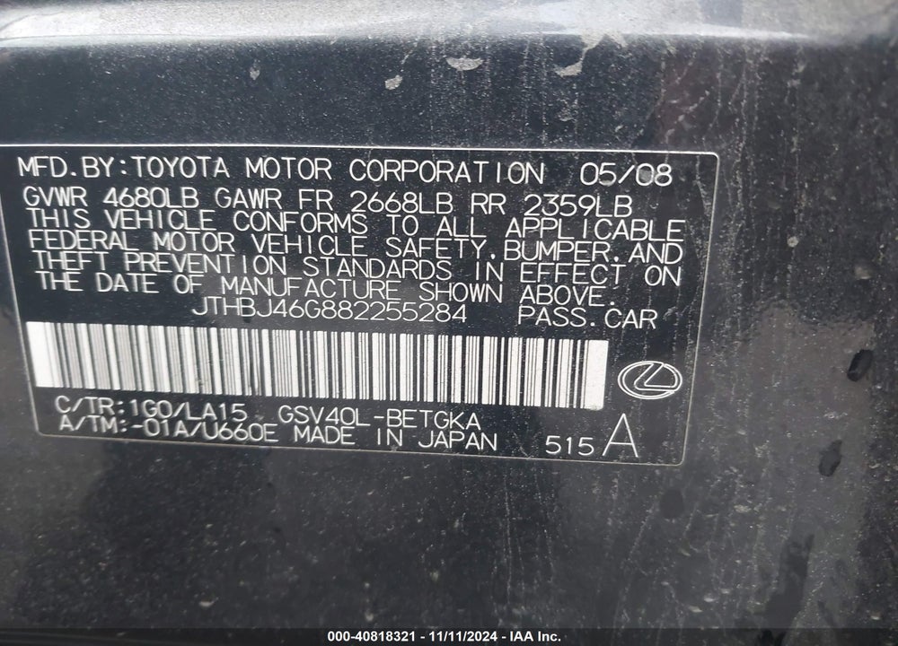 2008 LEXUS ES 350 VIN: JTHBJ46G882255284