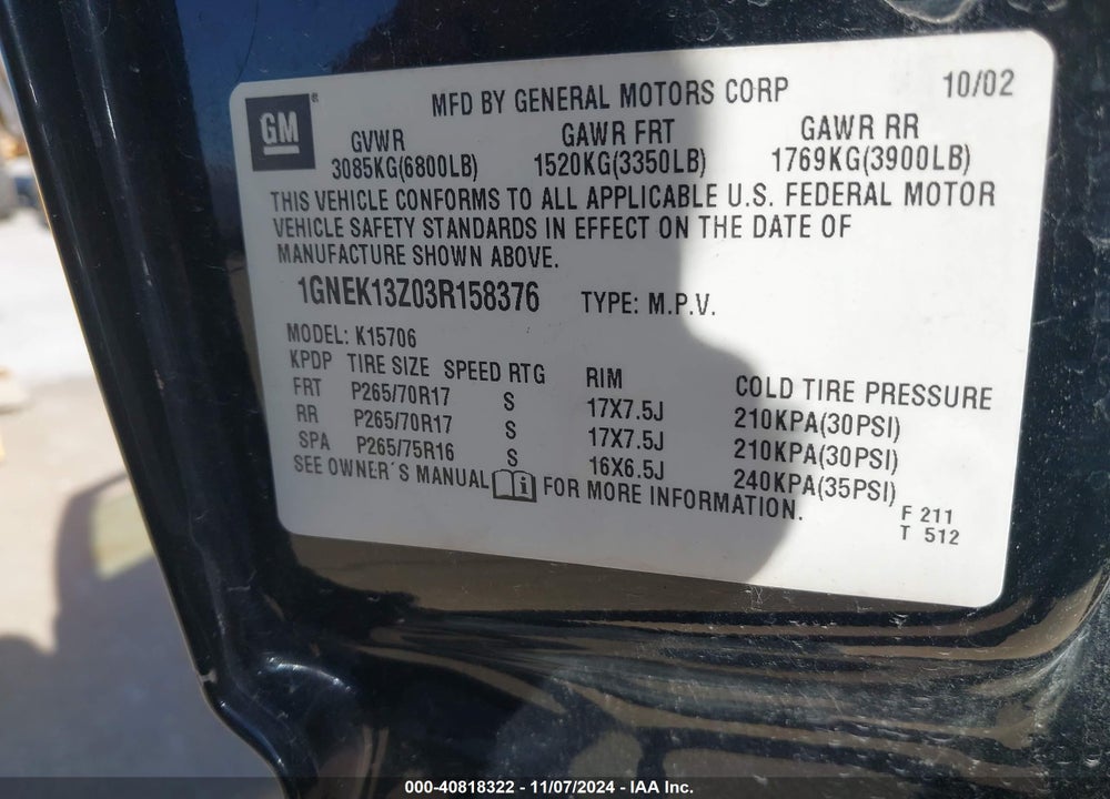 2003 CHEVROLET TAHOE Z71 VIN: 1GNEK13Z03R158376