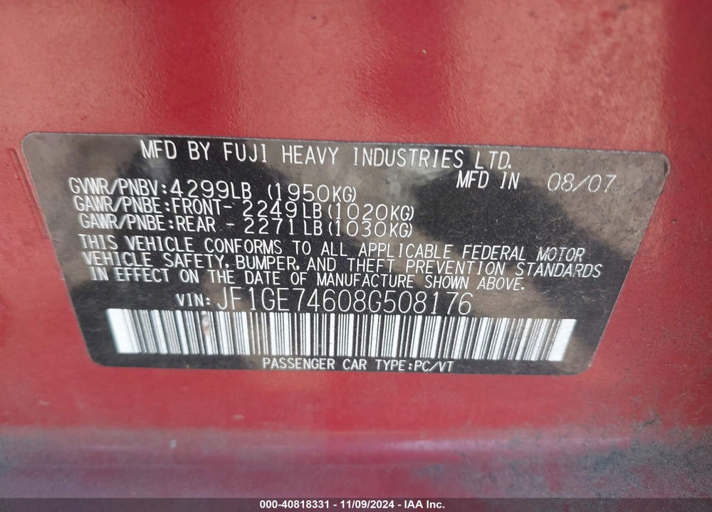 2008 SUBARU IMPREZA WRX VIN: JF1GE74608G508176