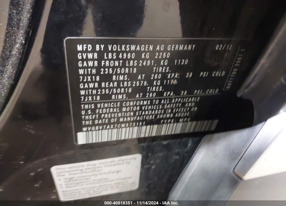 2012 VOLKSWAGEN TIGUAN SE VIN: WVGBV7AX7CW573151