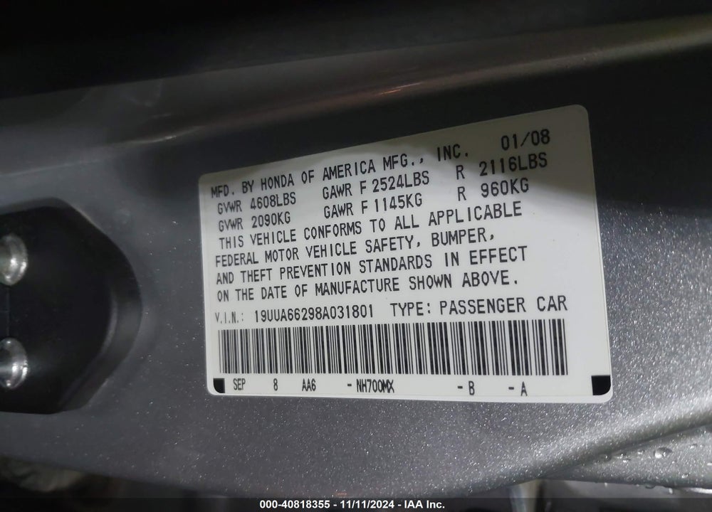 2008 ACURA TL 3.2 VIN: 19UUA66298A031801