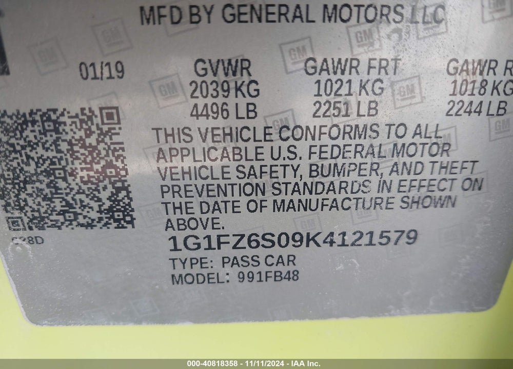 2019 CHEVROLET BOLT EV PREMIER VIN: 1G1FZ6S09K4121579