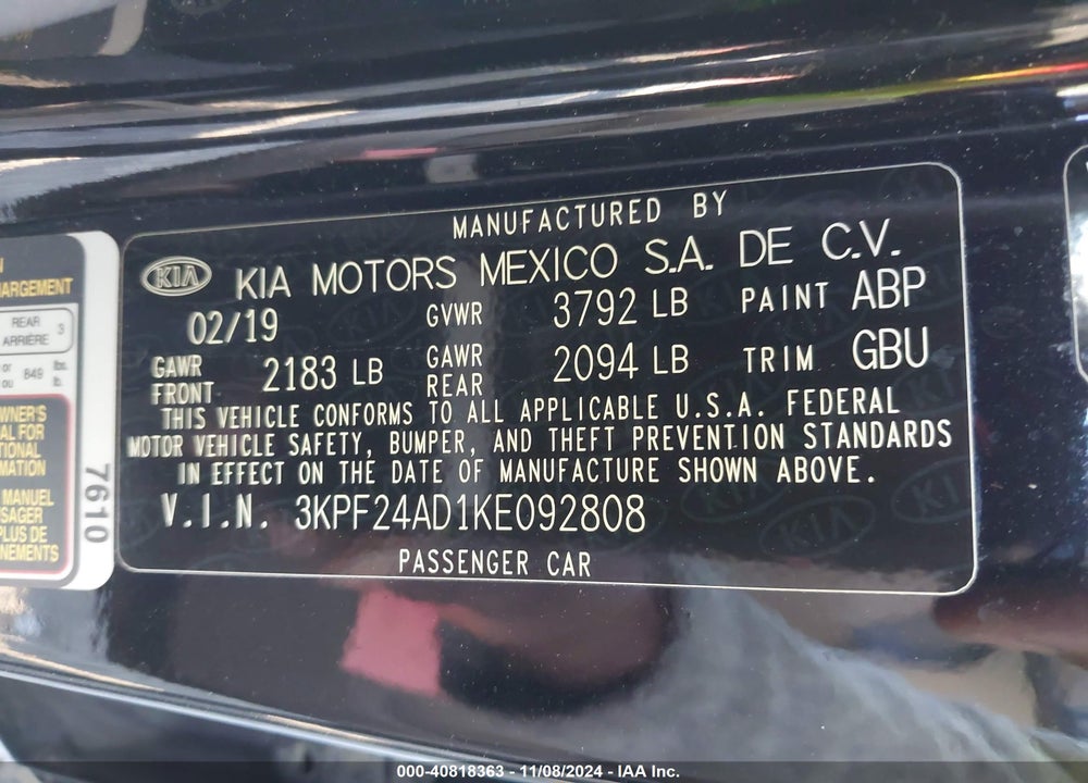 2019 KIA FORTE LXS VIN: 3KPF24AD1KE092808