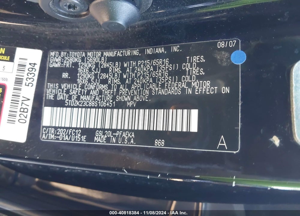 2008 TOYOTA SIENNA LE VIN: 5TDZK23C88S106451