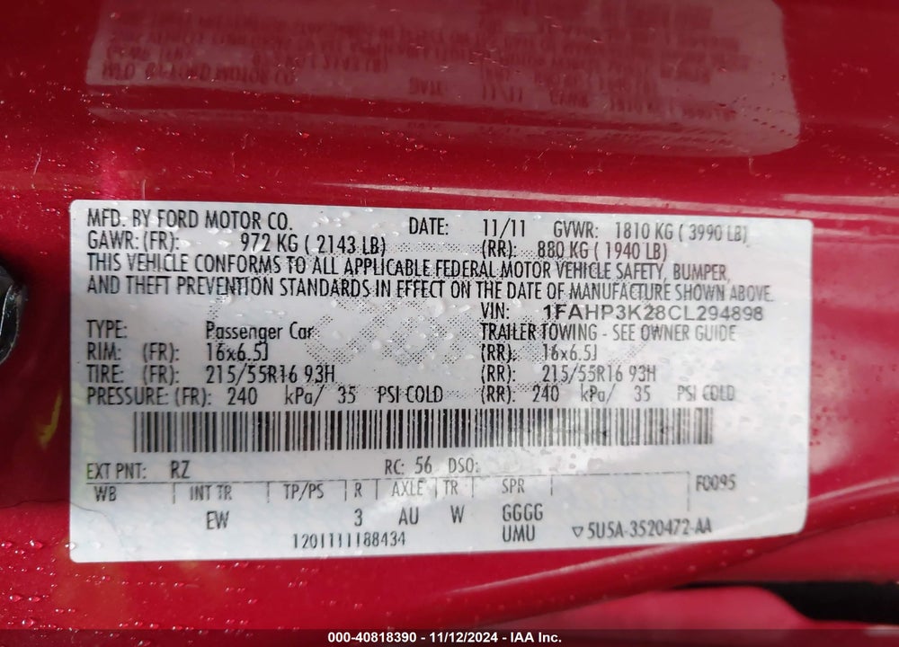 2012 FORD FOCUS SE VIN: 1FAHP3K28CL294898