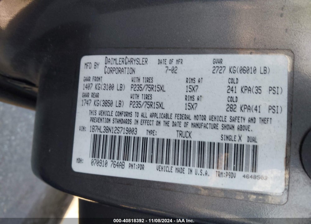 2002 DODGE DAKOTA QUAD SPORT/QUAD R/T VIN: 1B7HL38N12S719003