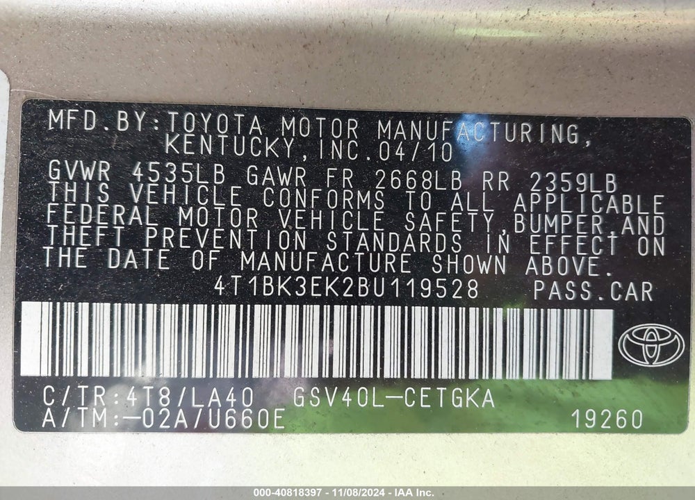 2011 TOYOTA CAMRY XLE V6 VIN: 4T1BK3EK2BU119528