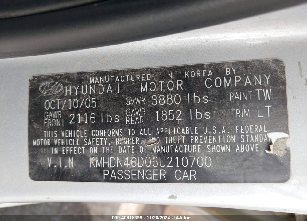 2006 HYUNDAI ELANTRA GLS/LIMITED VIN: KMHDN46D06U210700