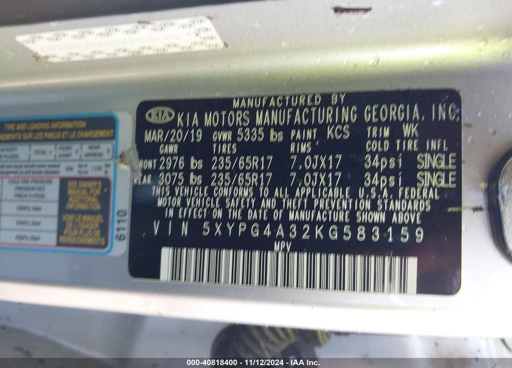2019 KIA SORENTO 2.4L L VIN: 5XYPG4A32KG583159