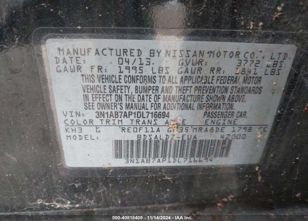 2013 NISSAN SENTRA SV VIN: 3N1AB7AP1DL716694