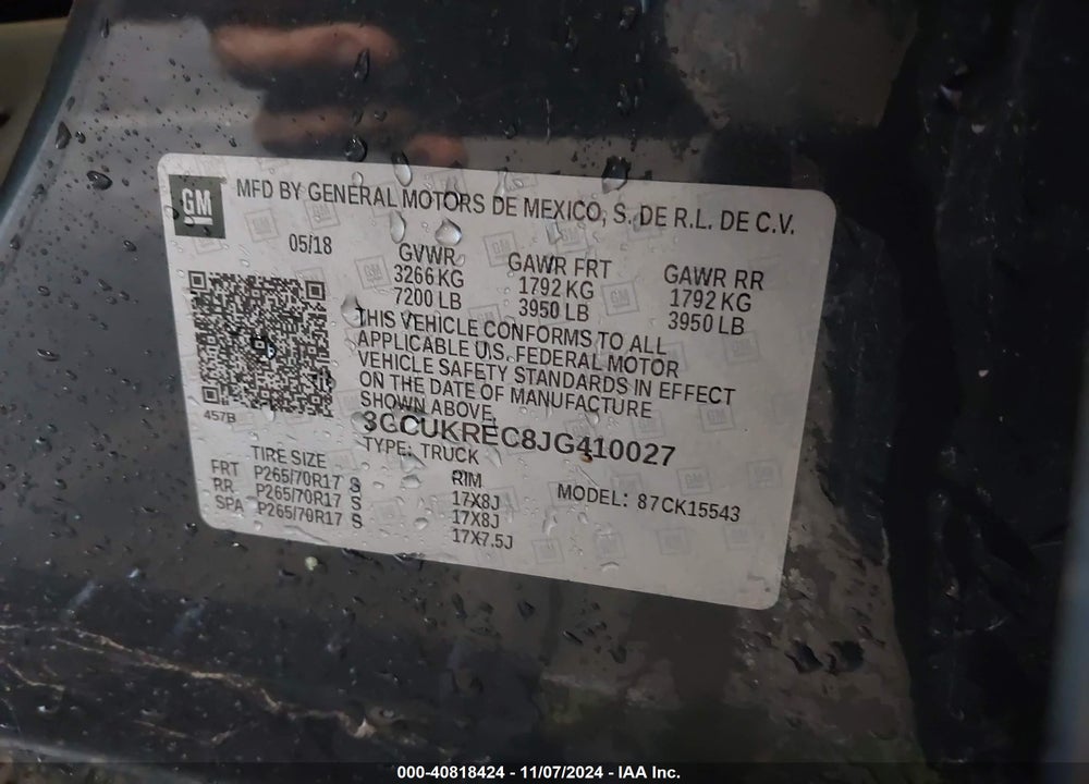 2018 CHEVROLET SILVERADO 1500 1LT VIN: 3GCUKREC8JG410027