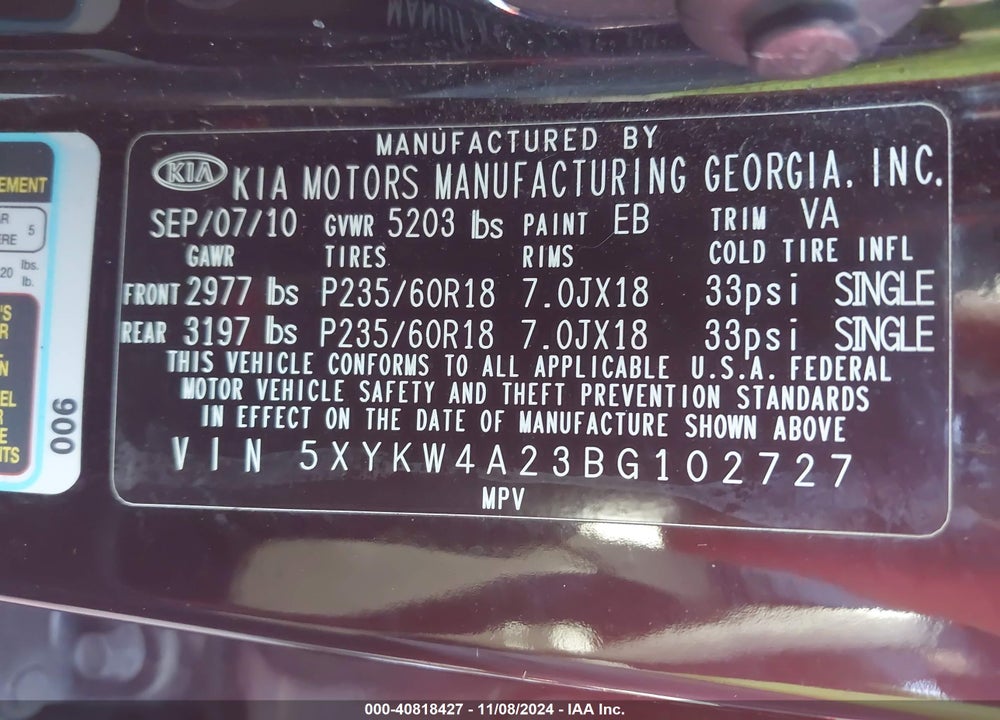 2011 KIA SORENTO SX V6 VIN: 5XYKW4A23BG102727