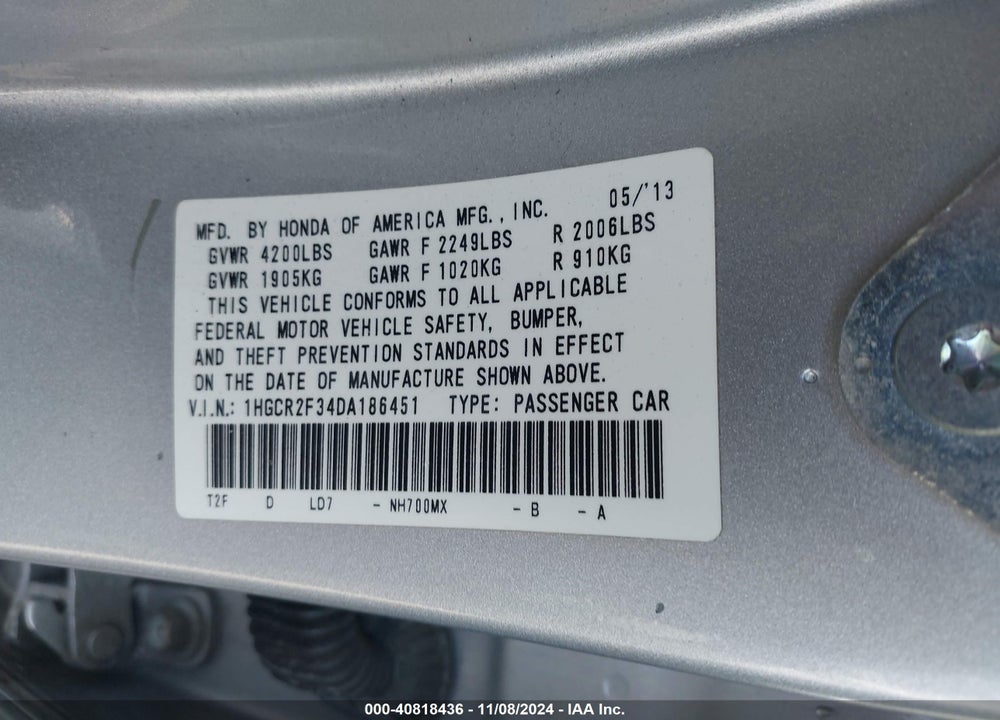 2013 HONDA ACCORD LX VIN: 1HGCR2F34DA186451