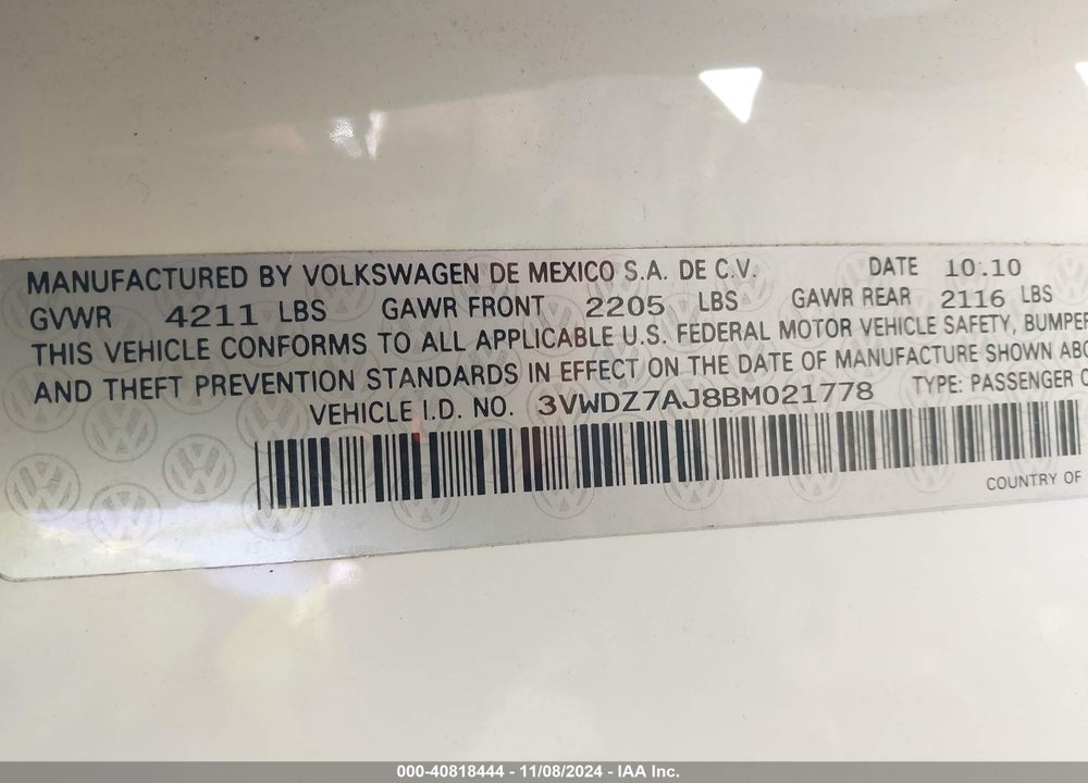 2011 VOLKSWAGEN JETTA 2.5L SE VIN: 3VWDZ7AJ8BM021778
